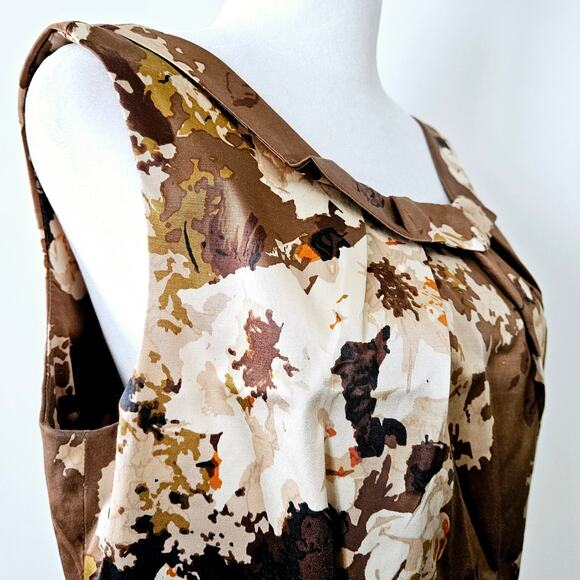 Size 10P Talbots Brown Floral Sleeveless Round Pleated Neck Tank Summer Fall - Picture 14 of 16